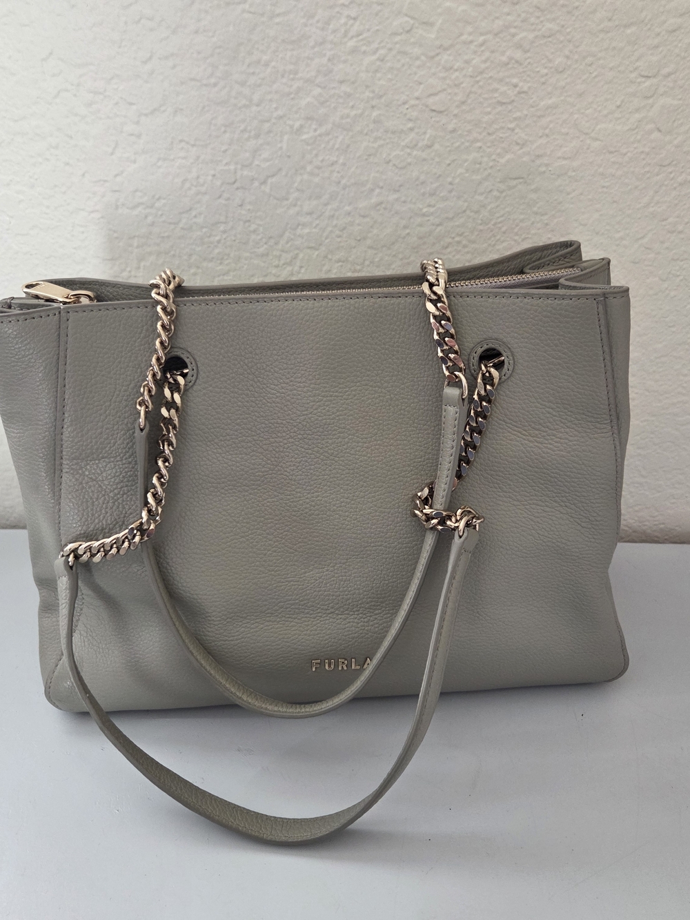 Furla Gray Leather Chain-Handle Tote